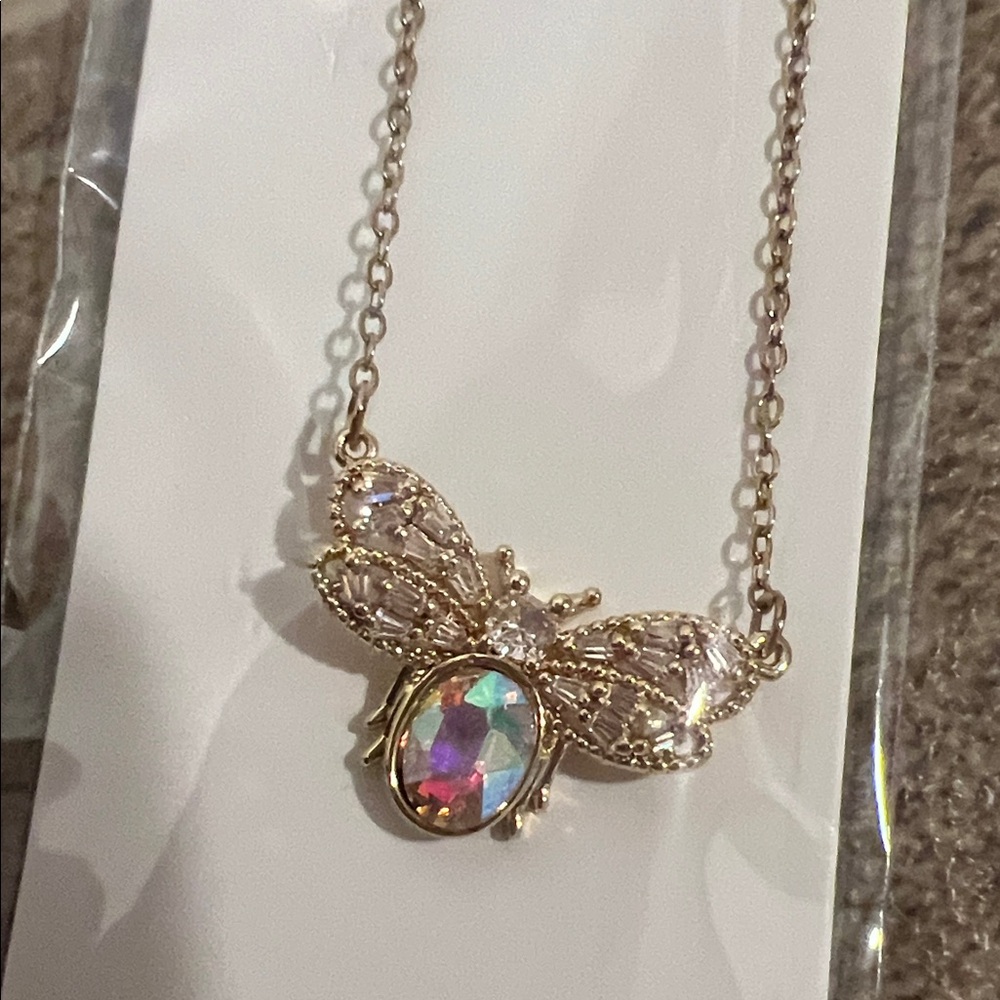 Gold Bee Pendant Necklace with Iridescent Stone